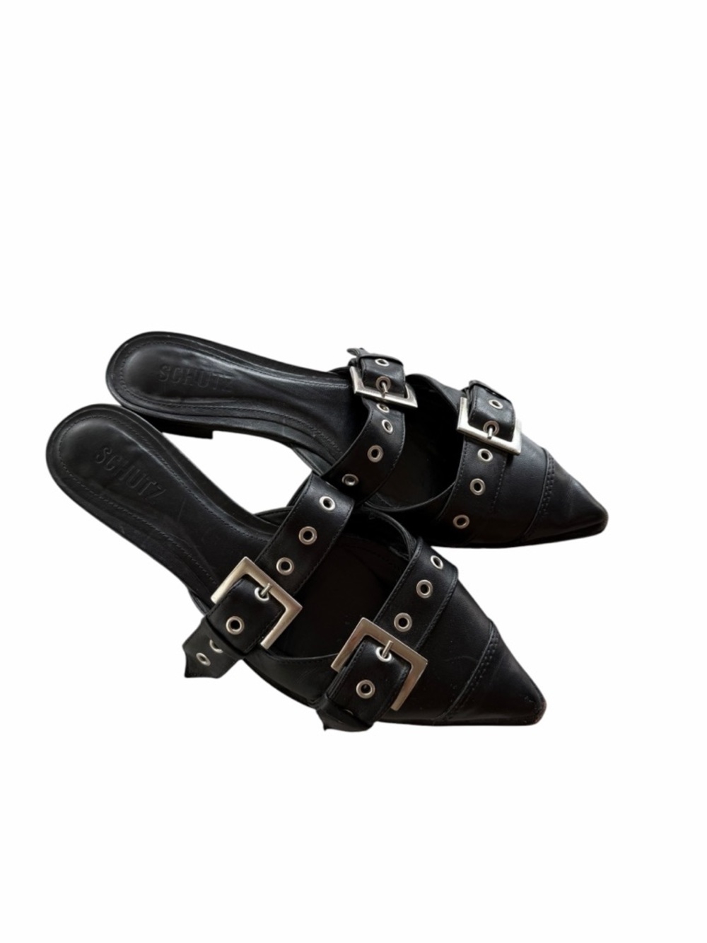 Schutz Penny Double Buckle Black Leather Pointed-Toe Flats Slide Mules Size 9